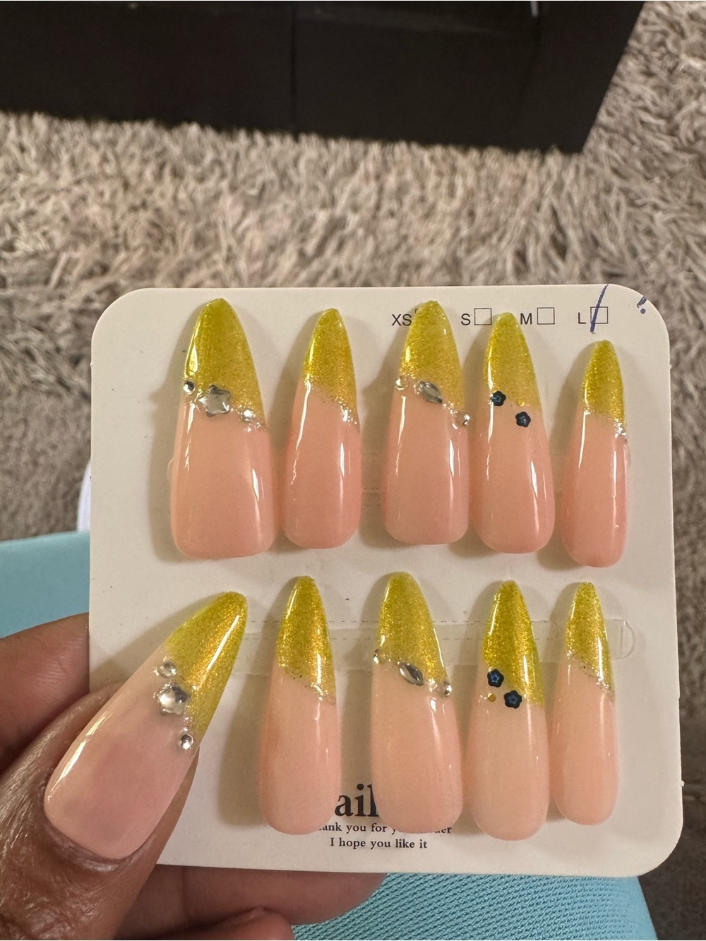 Greenish-Gold Tip Pink Press-On Stiletto Nails with Rhinestones